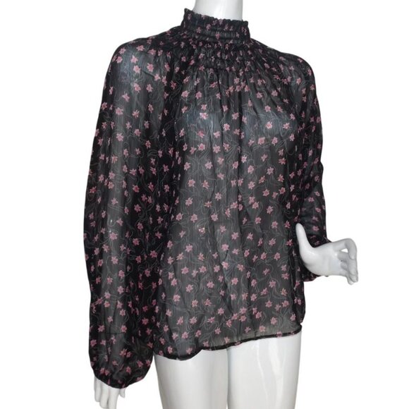 ELIZABETH & JAMES Blouse, L, Sheer Black/Pink Floral, Smocked Neck, Long sleeeve - Picture 3 of 12